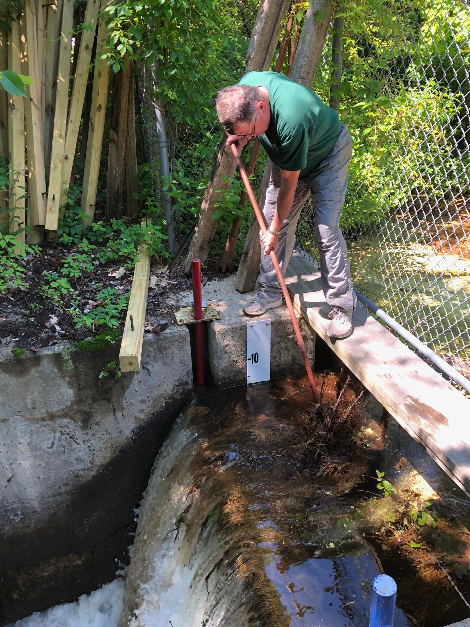TPIA volunteer cleaning leafy debris from the dam